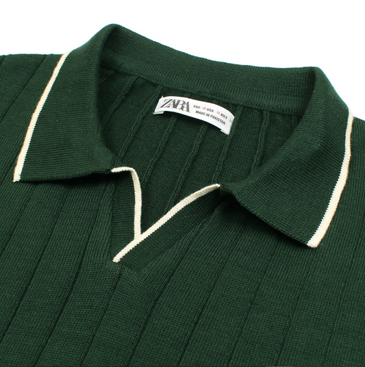 ZARA PREMIUM ESPRESSO CABEL-KNIT POLO GREEN